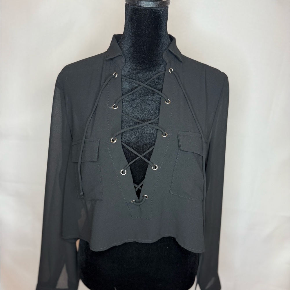 Black Lace-Up Blouse